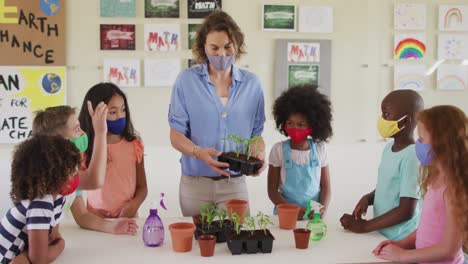 maestra con máscara facial mostrando macetas de plantas a los estudiantes en la clase