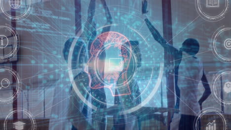 digital brain interface animation over diverse people collaborating in modern office