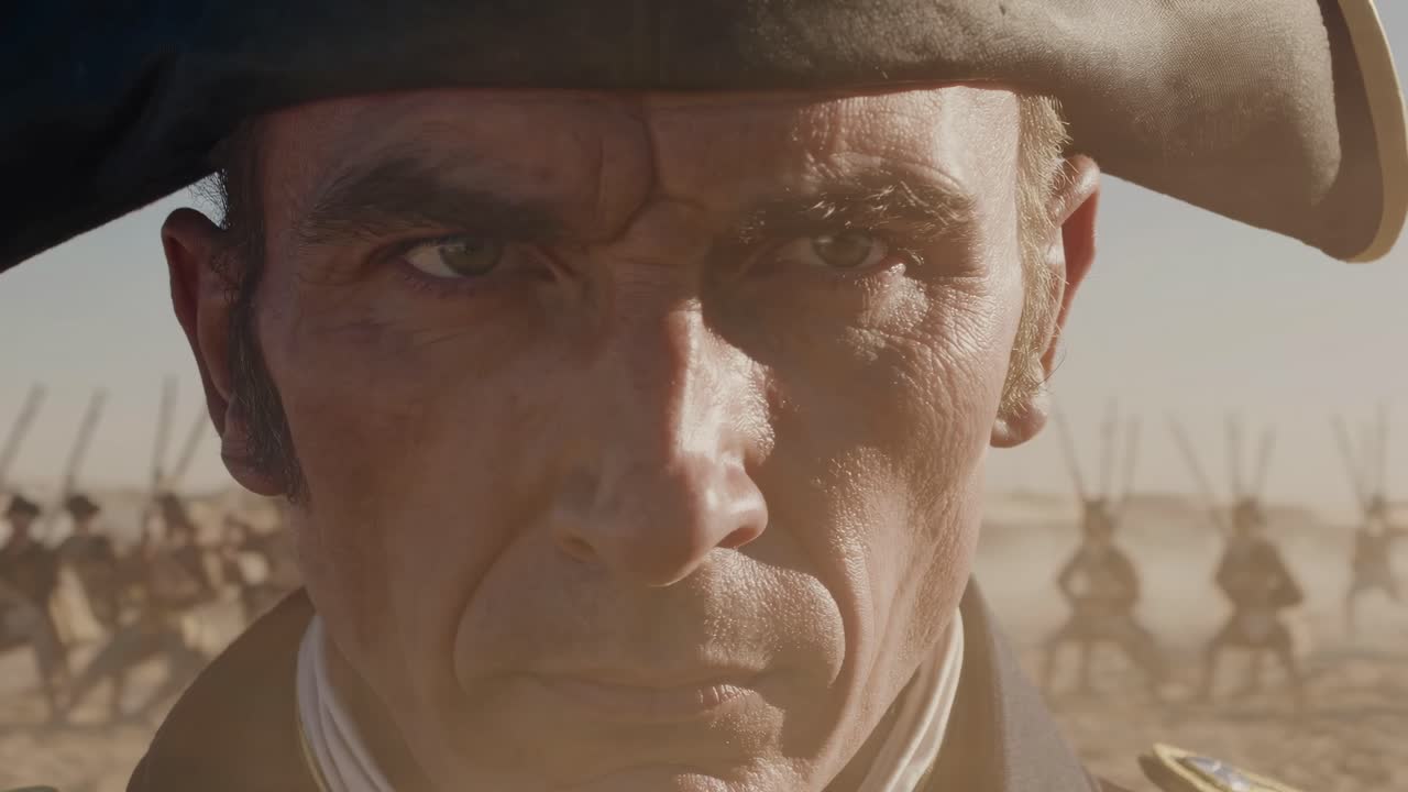 Close-up video shot of a historical military figure in a tricorn hat, with soldiers marching