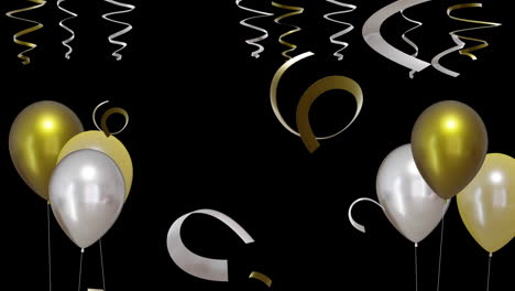 Animation-of-gold-and-silver-balloons-with-party-streamers-on-black-background