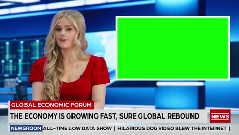 newsroom tv studio live news program: caucasian female presenter reporting, green screen chroma key screen picture. television cable channel anchor woman talks. network broadcast mock-up playback