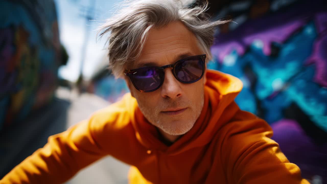 A Thoughtful Urban Portrait of a Stylish Individual in an Orange Hoodie with Sunglasses Against a Colorful Graffiti Background, Capturing a Reflective Moment in a Vibrant Cityscape