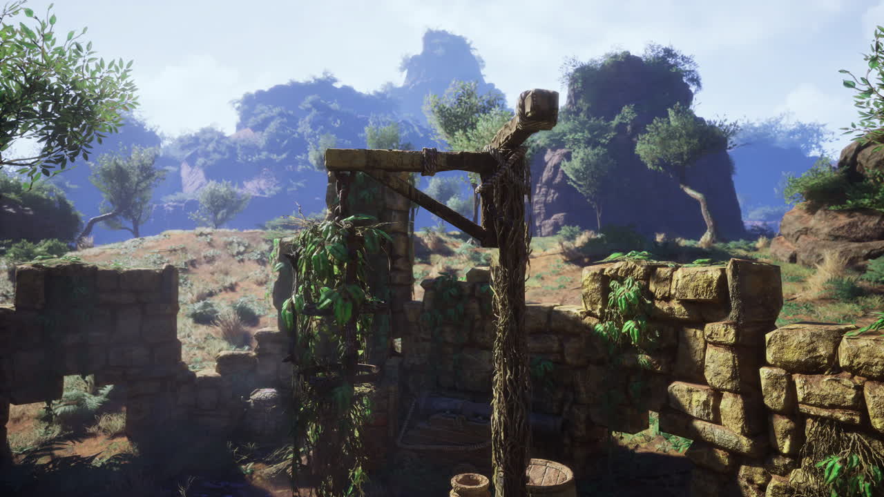 Abandoned structure overgrown with vines in a scenic mountainous landscape