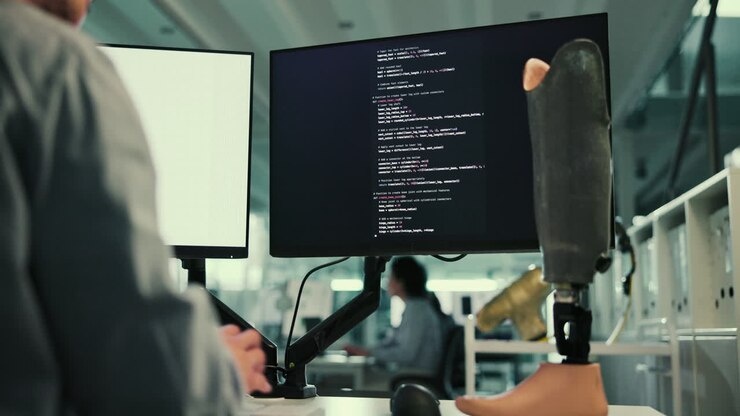Programmer working on code with a prosthetic leg