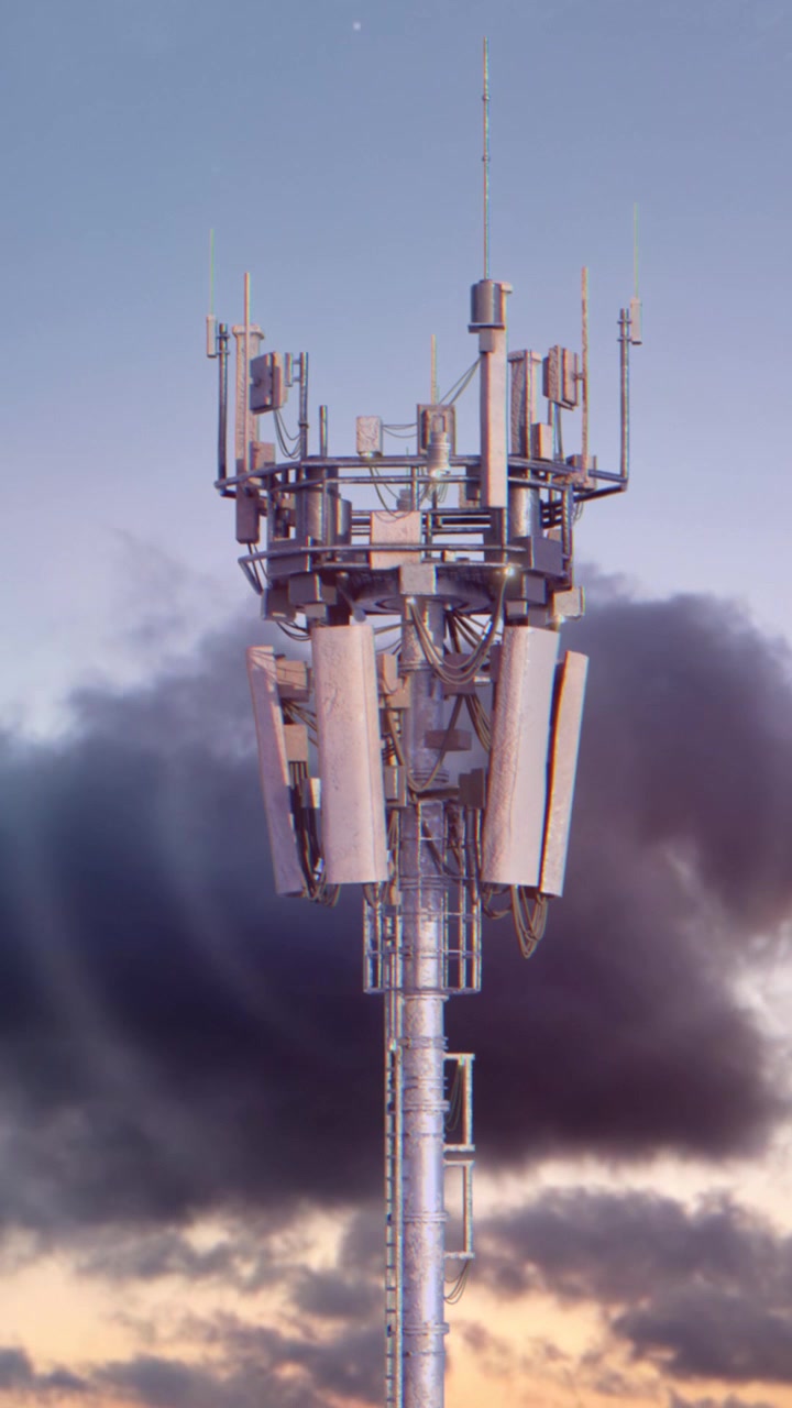 Torre per comunicazioni mobili 5G con onde che emanano dal trasmettitore.