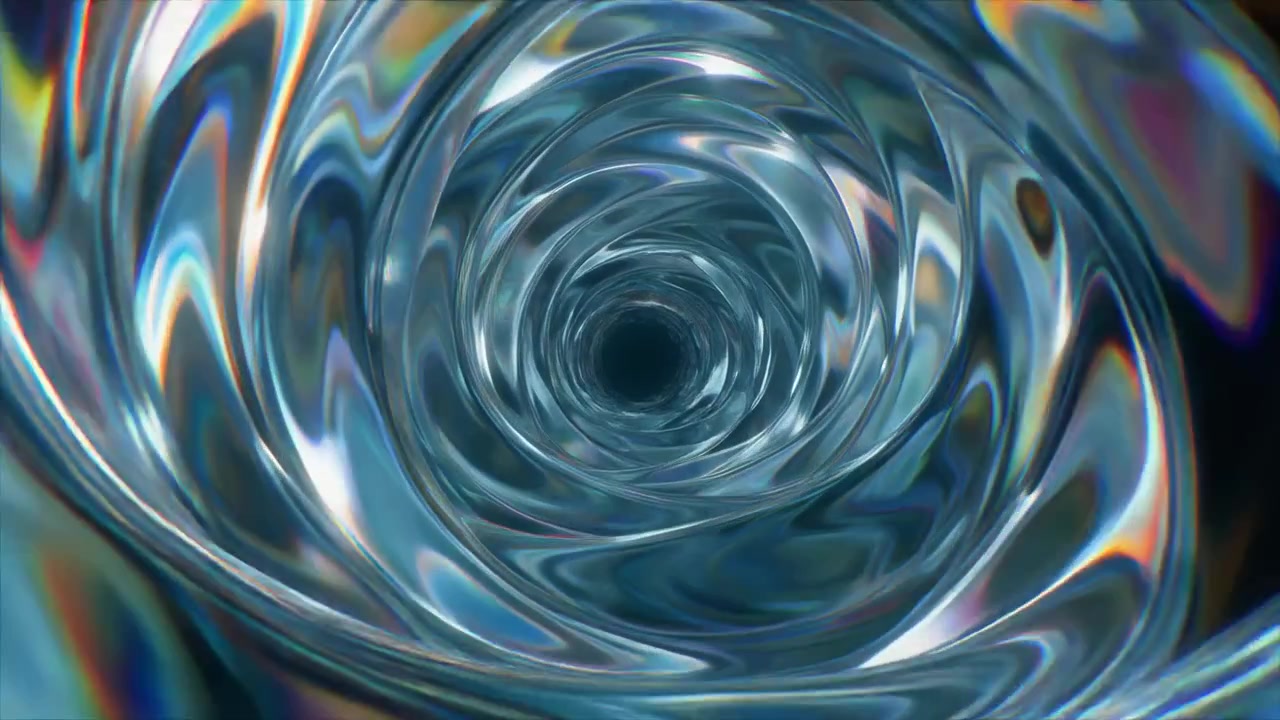 Abstract Liquid Glass Tunnel with Iridescent Light Reflections