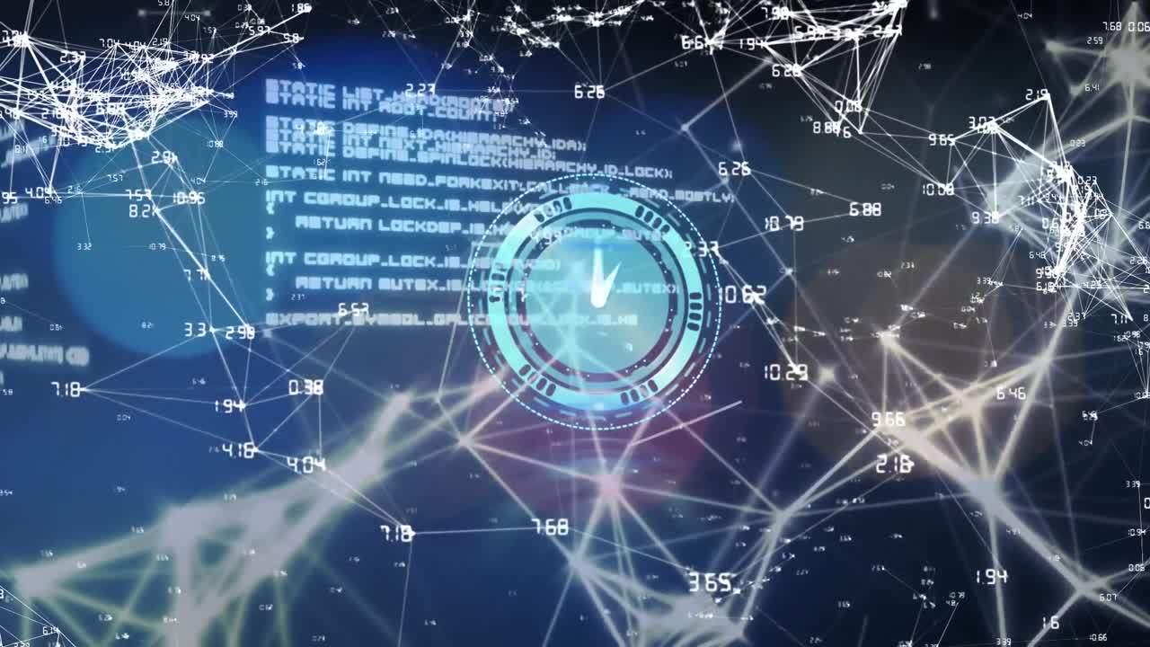 검은 바탕 위에 연결 네트워크와 함께 시계의 애니메이션
