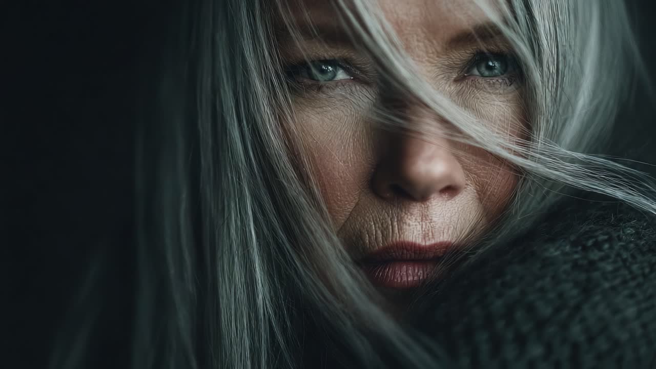 An Intimate Portrait of Timeless Beauty: A Close-Up Study of an Elegant Woman with Silver Hair and Striking Features Capturing Depth and Emotion