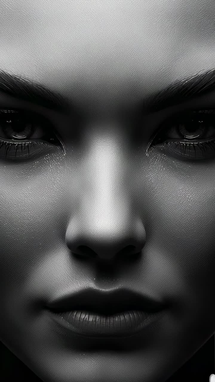 Vídeo vertical: mulher semicerrando os olhos com a luz mudando no estúdio, olhos, sobrancelhas, nariz e lábios