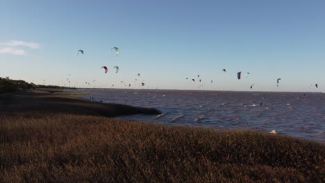 aerial forward flight over grassy coastline of river and many kitesurfer surfing on water during sunset in buenos aires