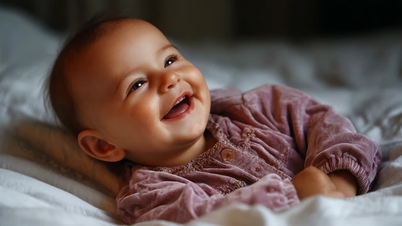 Captivating Joy: A Heartwarming Moment of a Giggling Baby Radiating Happiness While Lying on a Soft Blanket, Featuring a Bright Smile That Reflects Innocence and Pure Delight