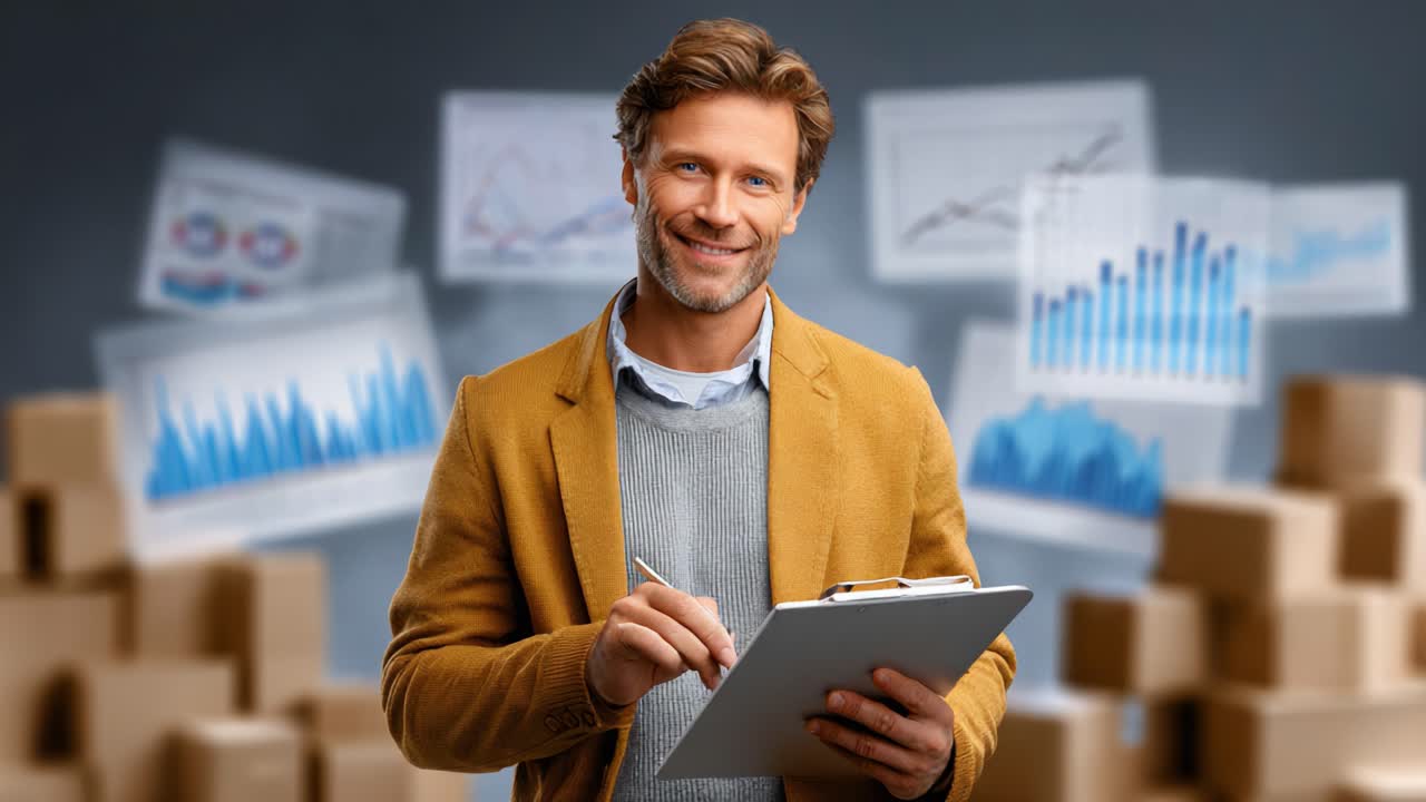 A confident professional smiles while analyzing data trends and overseeing logistics, standing in front of charts and organized inventory boxes, highlighting expertise in management