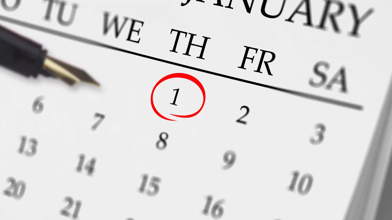 Animation of pen pointing to red ring over january 1st on a monthly calendar