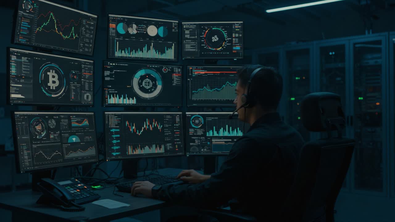 A focused analyst monitors cryptocurrency market trends and data on multiple screens in a high-tech environment, demonstrating keen attention to financial dynamics and technology