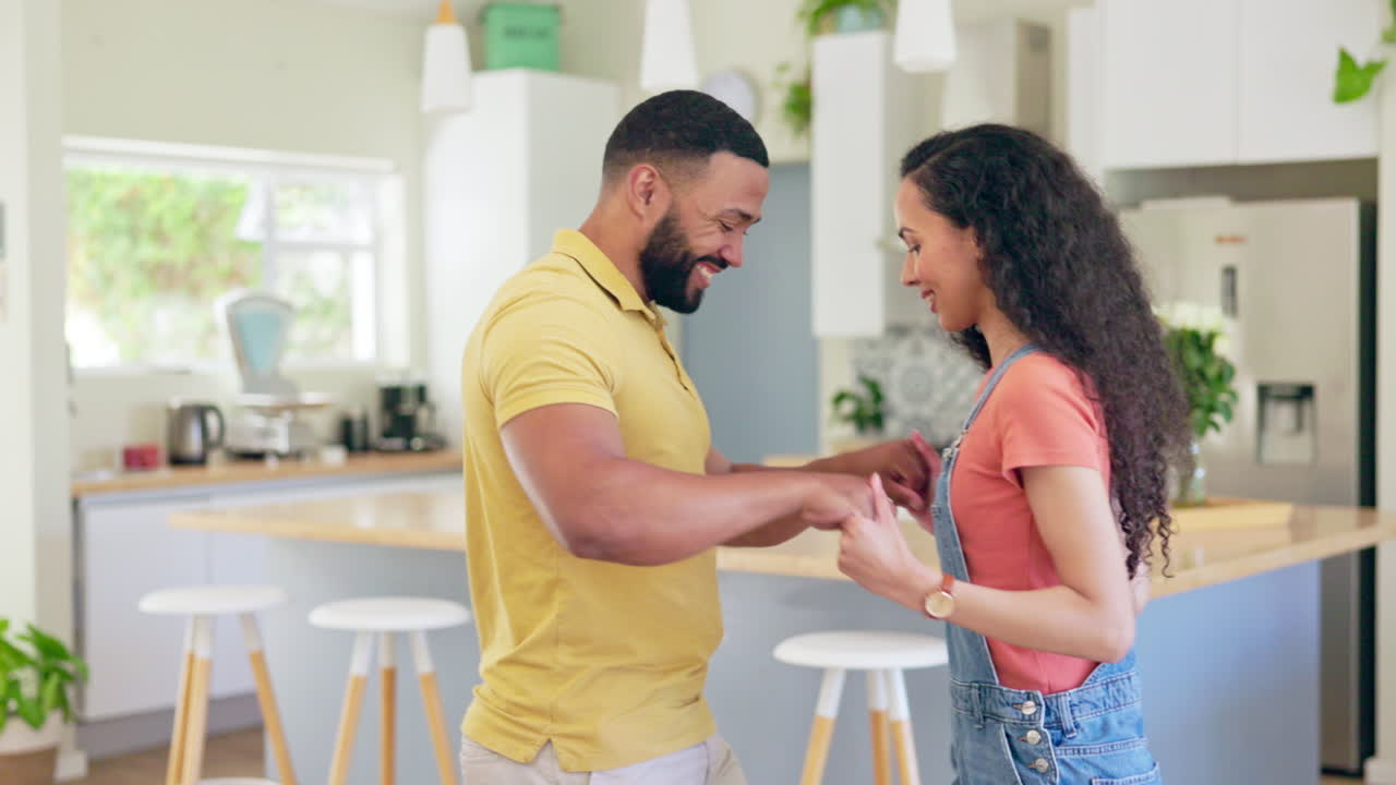 Love, dance and couple in a living room