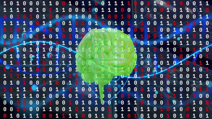 Animation of human brain and binary coding data processing