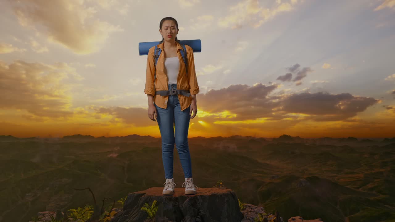mujer caminando al atardecer en la cima de una montaña