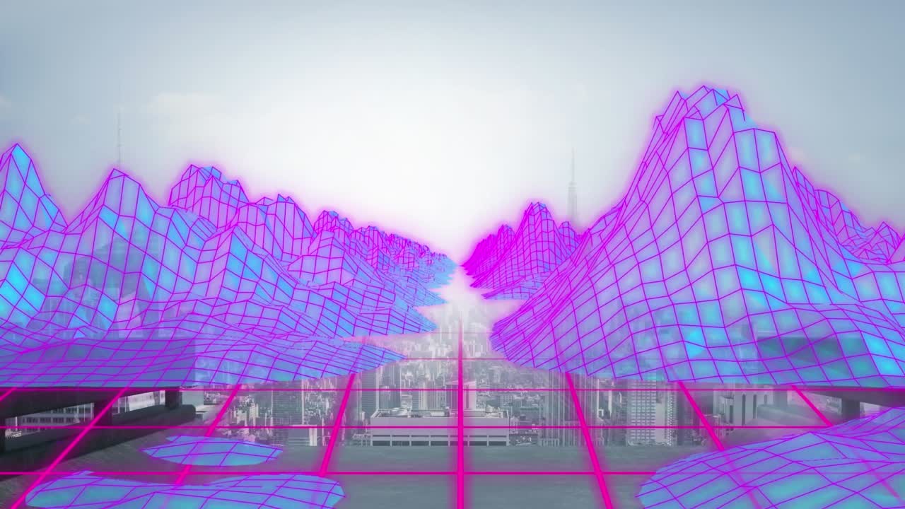 Animation af digitale bjerge over udsigt over by.