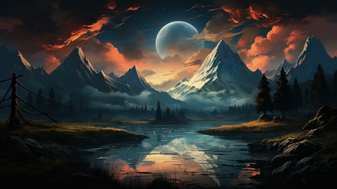 Cinematic landscape video with a low-angle view of mountains and a lake, under a dramatic sky