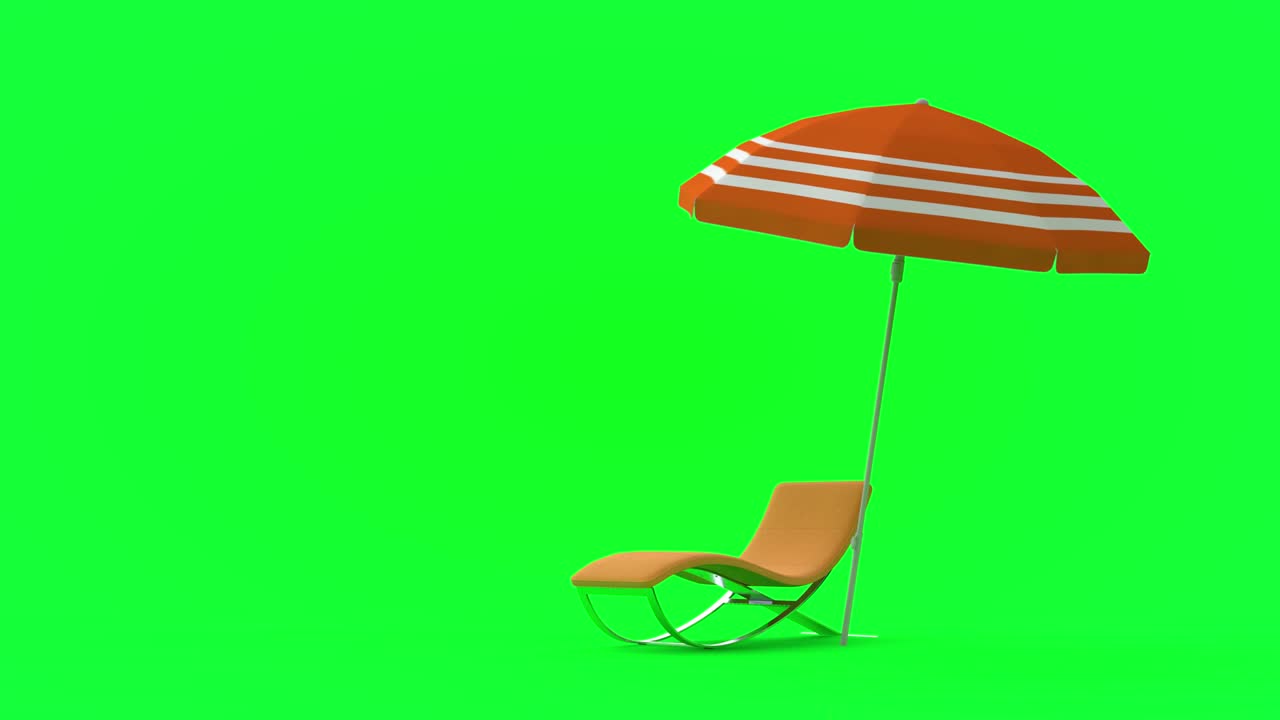 silla de playa y paraguas sobre un fondo verde, renderización 3d