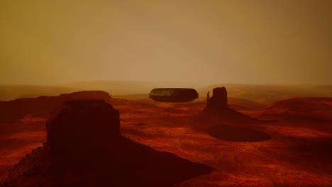 una nave espacial alienígena flotando sobre un paisaje desértico rojo.