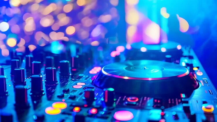 Un primo piano di un mixer da DJ con luci colorate sullo sfondo