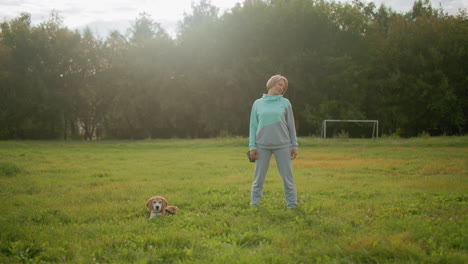 Sport woman stretching body on grassy field during morning exercise while bull dog lies nearby relaxing under sunlight in open park environment with cars passing behind peaceful and healthy lifestyle