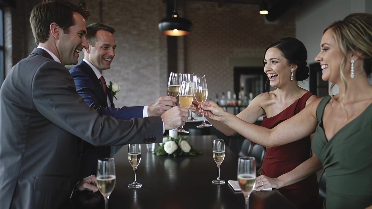 Clinking flutes after hands meet, four adults in suits and gowns toasting wedding at loft reception