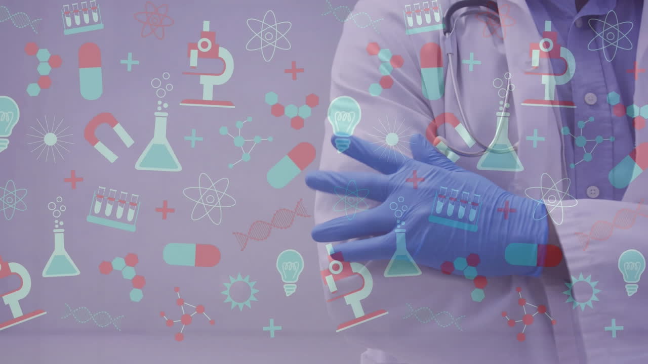 수술 장갑을 입은 의사의 중간 부분을 가로지르는 의료 아이콘의 애니메이션