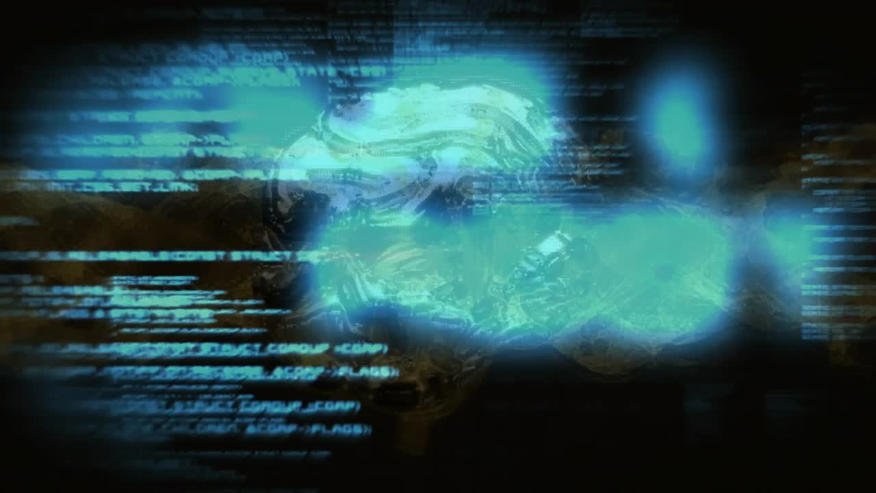 Fast-moving blue code scrolling over smoky gold revealing metallic skull emerging for branding