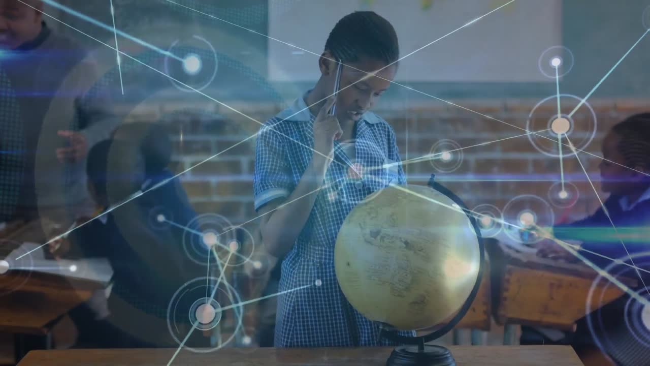 animación de la red de conexiones con iconos sobre un niño afroamericano con globo en la escuela