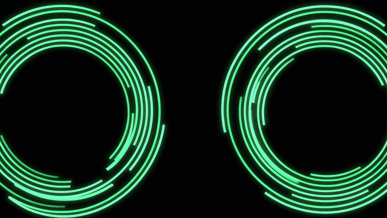 Abstract Animation of Rotating Green Neon Circles on Black Background