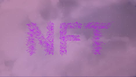 digital animation of nft text with dots against purple background, copy space