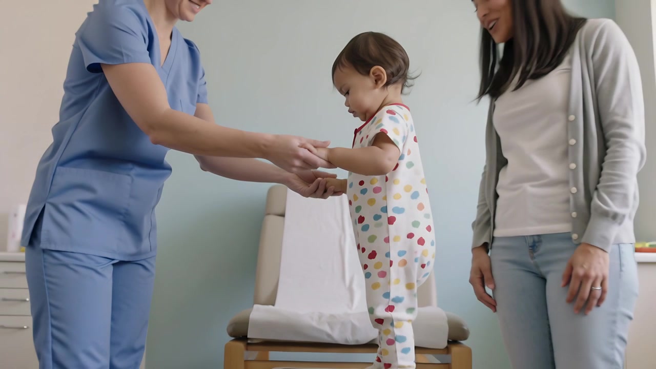 Infermiera in divisa medica blu che tiene e guida un bambino piccolo con una tutina a pois sulla bilancia per la pesatura in una sala visita.