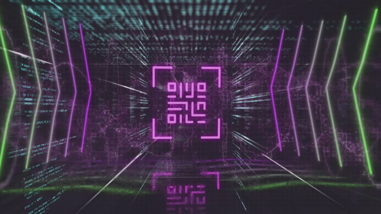 animación de código qr rosa, luces de neón y procesamiento de datos sobre fondo negro