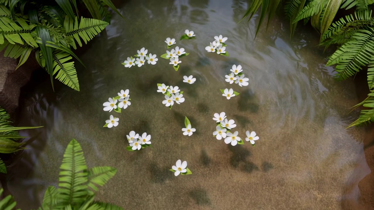 Vista in movimento dall'alto che mostra numerosi fiori bianchi a cinque petali con il centro giallo che galleggiano e si spostano lentamente su uno stagno poco profondo, mentre sottili increspature si diffondono verso l'esterno attraverso l'acqua bordata di felci sotto.