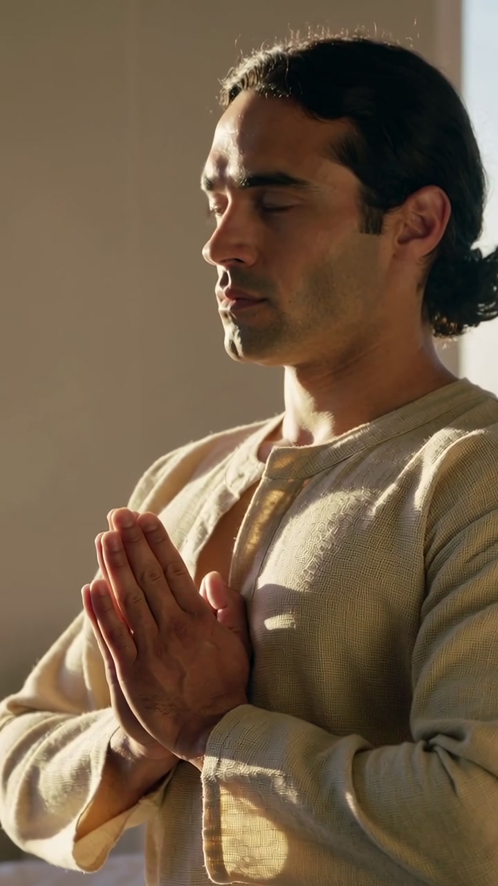 Vertical video: Standing man clasping hands at chest in room, opening eyes as light falls, tunic