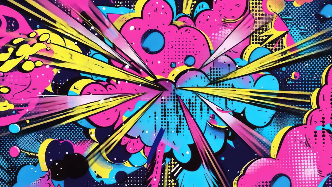 Levende pop art stil med dristige lyserøde, blå og gule stænk.