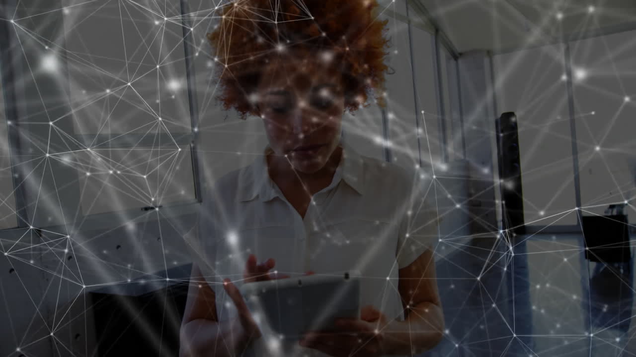 female office professional using tablet near printer, showing technology data network overlay