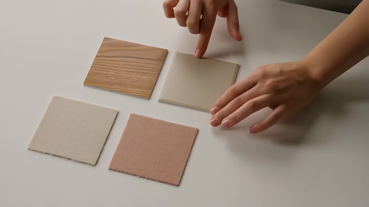 Hands selecting various material samples for interior design