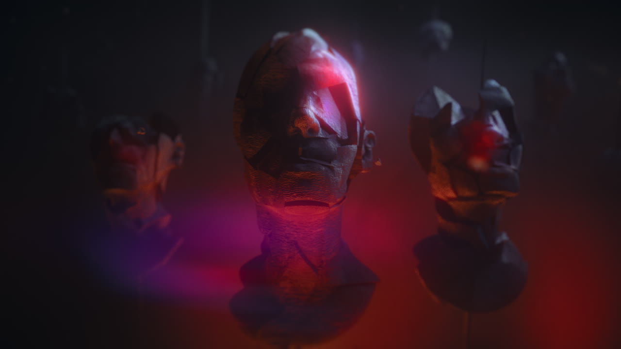 Three crushed android heads on spikes in hell