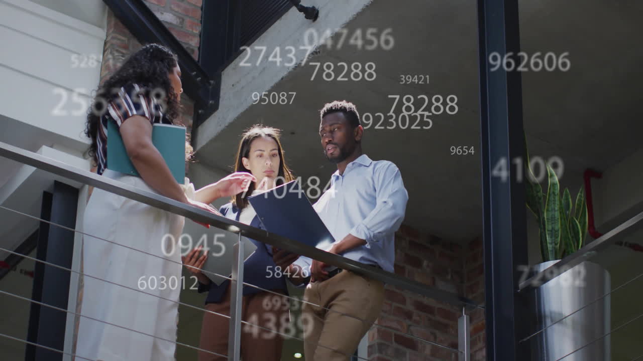 Animation of data processing over diverse business people in office