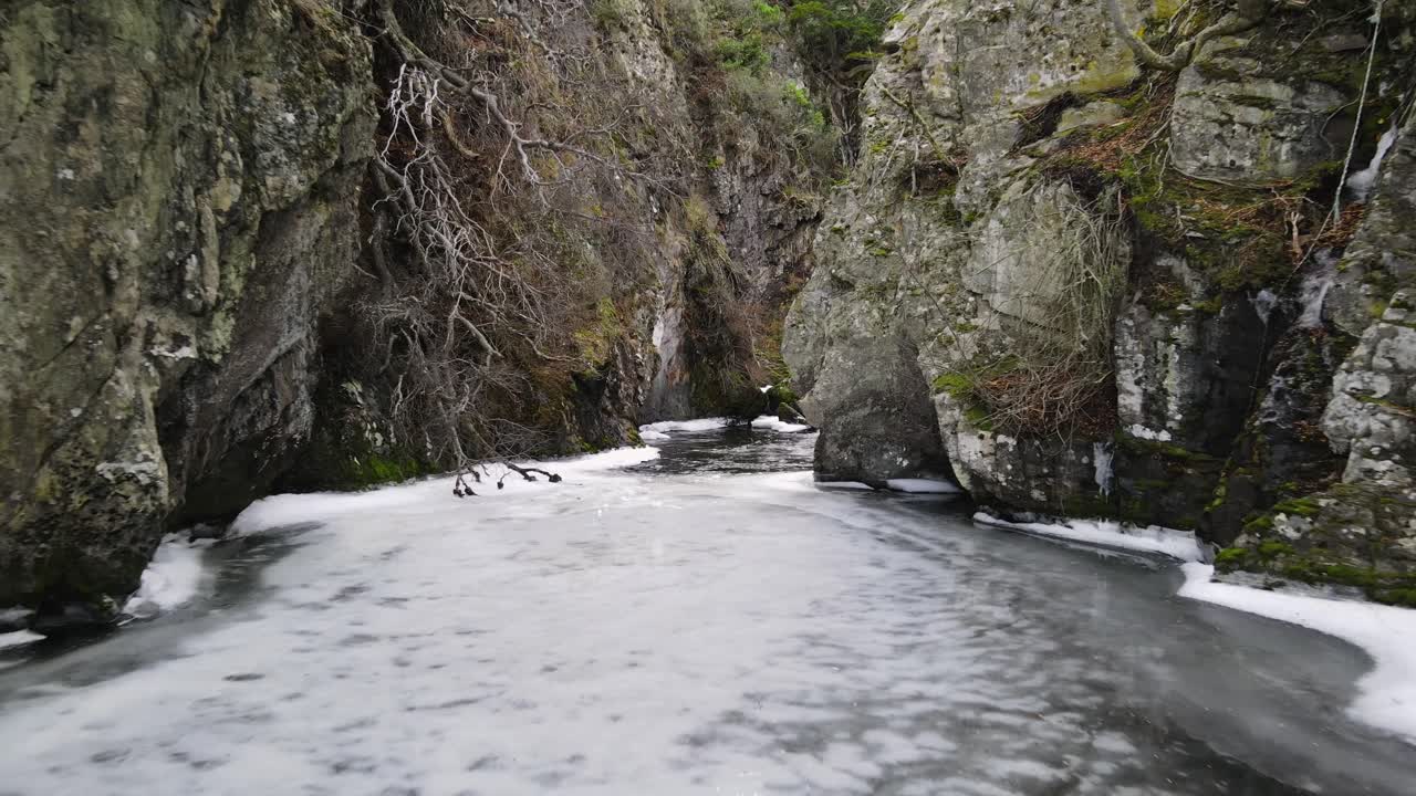 río congelado entre rocas y arbustos