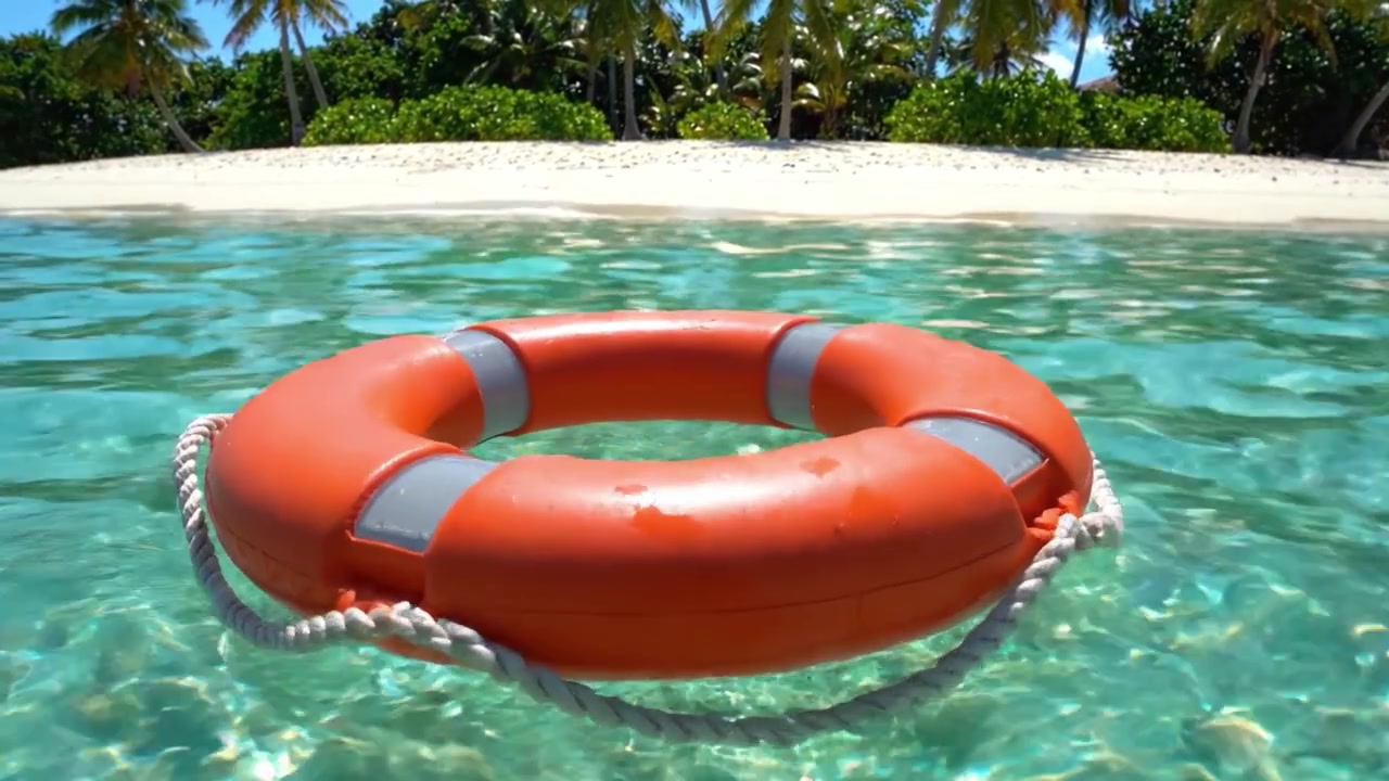 A Bright Orange Lifebuoy Floating in Crystal Clear Tropical Waters, Surrounded by Lush Greenery on a Serene Sandy Beach under a Clear Blue Sky