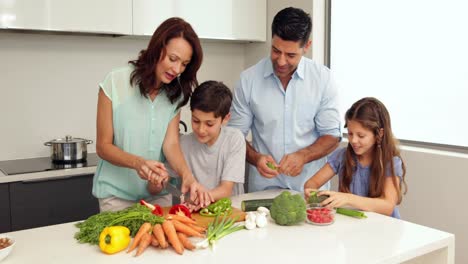 Madre-Mostrando-A-Sus-Hijos-Cómo-Cortar-Verduras.