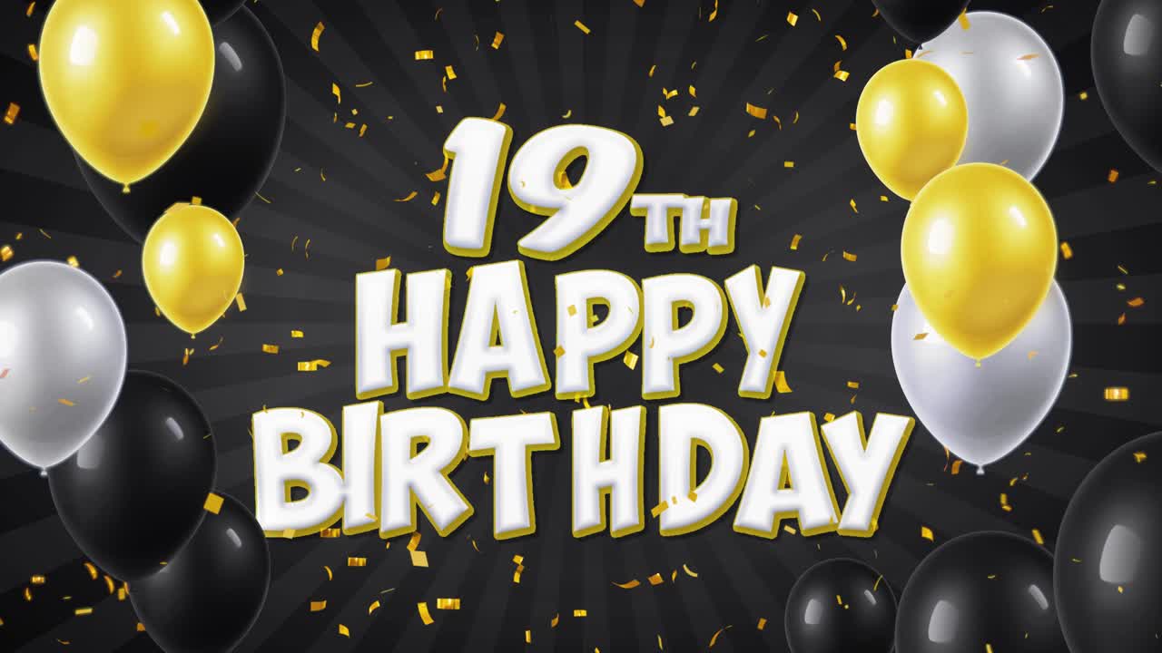 37 19th happy birthday black text with golden confetti falling and glitter particles colorful flying