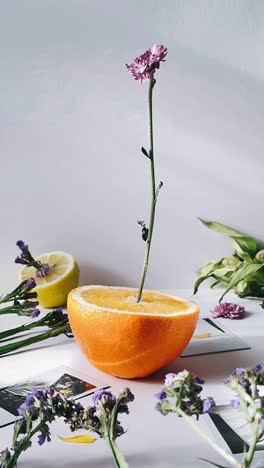 orange slice with flower arrangement