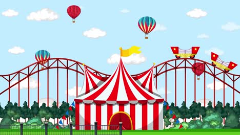 animated carnival with roller coaster and hot air balloons.