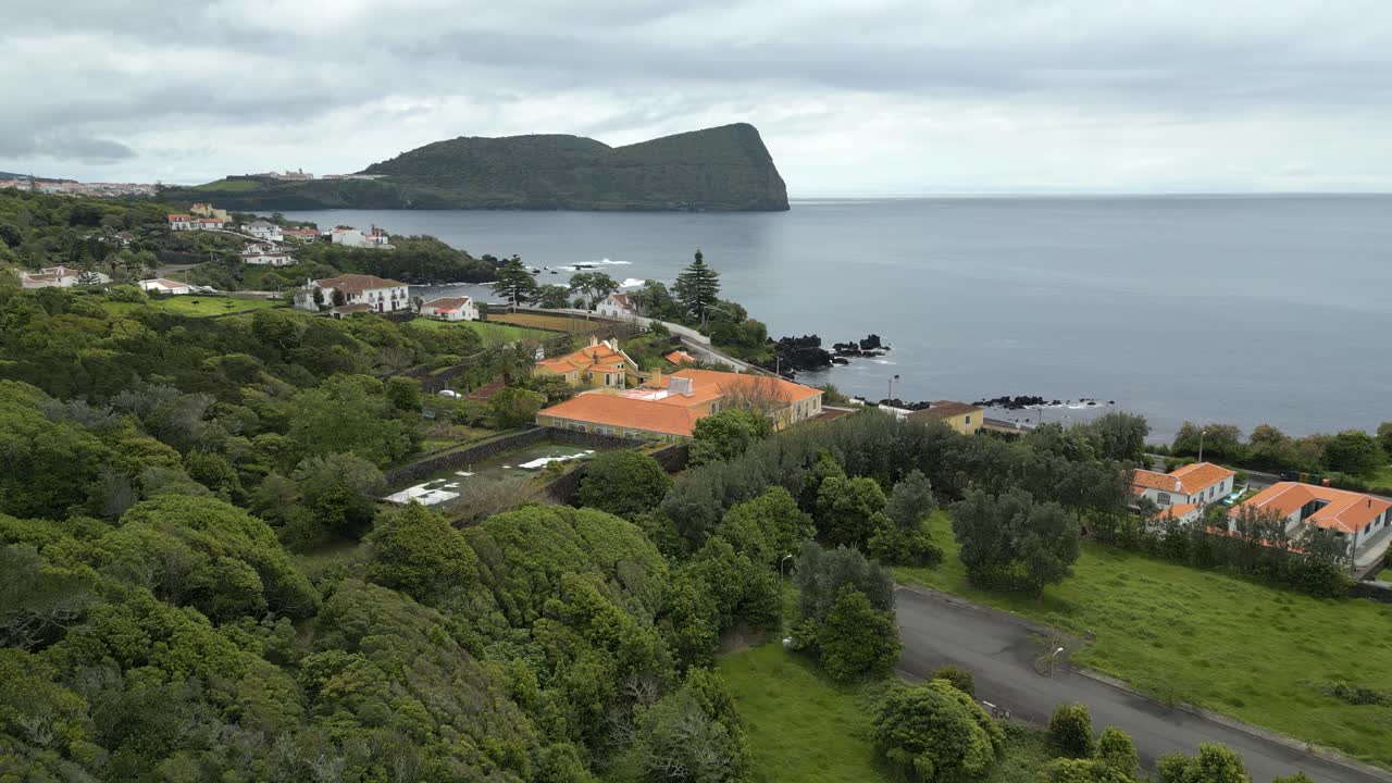 Aerial of Monte Brasil and Coastal Houses, Terceira Azores