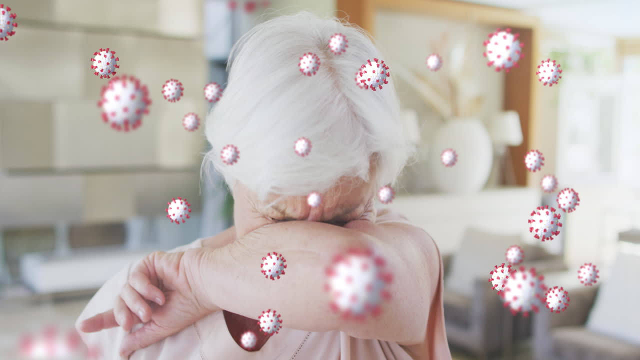 노인 여성의 재채기를 통해 코로나 세포의 애니메이션